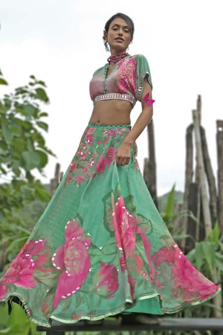 Basil Leaf_Mint Chinon, Chiffon, Organza Sequins V-neck Fleur Print Lehenga Set _Online_at_Aza_Fashions