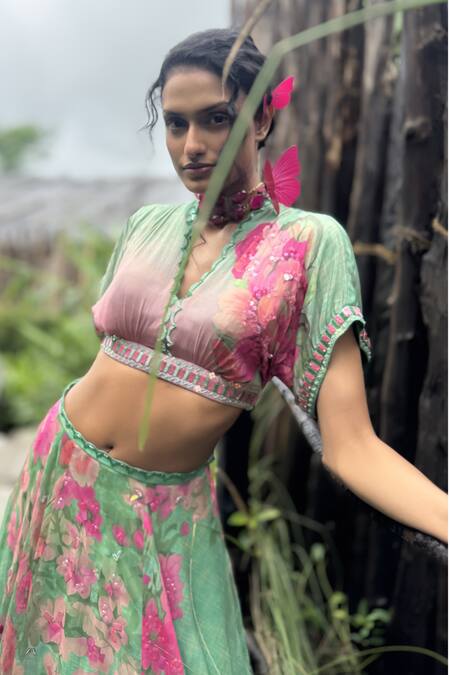 Buy_Basil Leaf_Mint Chinon, Chiffon, Organza Sequins V-neck Fleur Print Lehenga Set _Online_at_Aza_Fashions