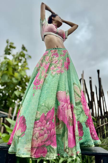 Shop_Basil Leaf_Mint Chinon, Chiffon, Organza Sequins V-neck Fleur Print Lehenga Set _Online_at_Aza_Fashions