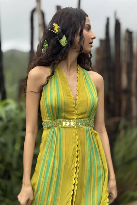 Basil Leaf_Yellow Chinon, Chiffon Beads, Tassels, Embroidery, Foil Stripe Kurta And Pant Set _Online_at_Aza_Fashions