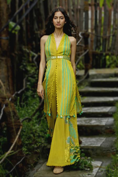 Buy_Basil Leaf_Yellow Chinon, Chiffon Beads, Tassels, Embroidery, Foil Stripe Kurta And Pant Set _Online_at_Aza_Fashions