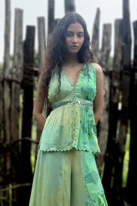 Basil Leaf_Aqua Chinon, Chiffon Beads, Embroidery V-neck Stripe Pattern Top And Pant Set _Online_at_Aza_Fashions