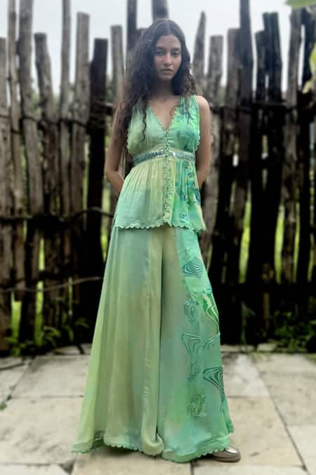 Basil Leaf Aqua Chinon, Chiffon Beads, Embroidery V-neck Stripe Pattern Top And Pant Set 