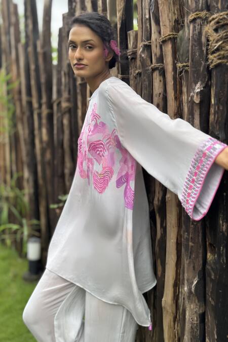 Buy Basil Leaf Gray Crepe Embroidery, Piping Keyhole Neck Kurta And Pant Set Online at Aza Fashions Buy_Basil Leaf_Gray Crepe Embroidery, Piping Keyhole Neck Kurta And Pant Set _Online_at_Aza_Fashions