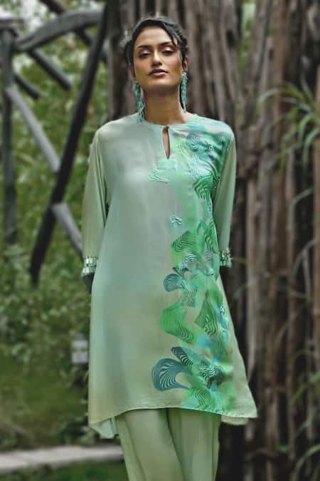 Basil Leaf_Aqua Crepe Embroidery, Mirrors Keyhole Neck Kurta And Pant Set _Online_at_Aza_Fashions