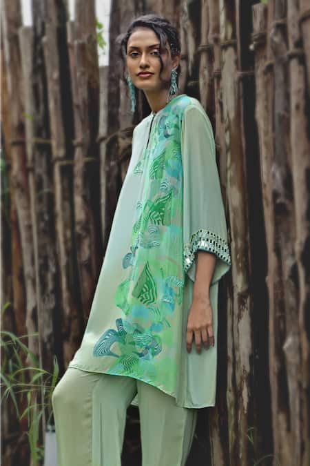 Buy_Basil Leaf_Aqua Crepe Embroidery, Mirrors Keyhole Neck Kurta And Pant Set _Online_at_Aza_Fashions