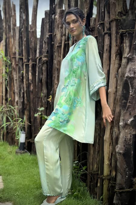 Shop_Basil Leaf_Aqua Crepe Embroidery, Mirrors Keyhole Neck Kurta And Pant Set _Online_at_Aza_Fashions
