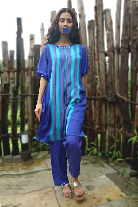 Basil Leaf Blue Chinon, Chiffon, Linen, Silk Sequins, Beads Stripe Pattern Kurta And Pant Set 