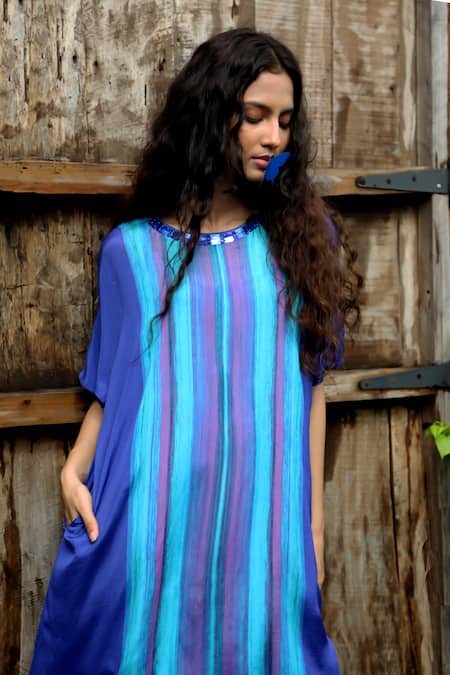 Basil Leaf_Blue Chinon, Chiffon, Linen, Silk Sequins, Beads Stripe Pattern Kurta And Pant Set _Online_at_Aza_Fashions