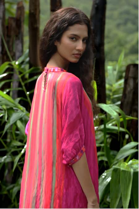 Basil Leaf_Pink Chinon, Chiffon, Linen, Silk Sequins V-neck Stripe Pattern Kurta With Pant _Online_at_Aza_Fashions