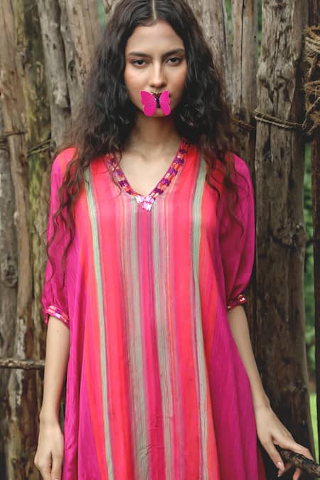 Shop_Basil Leaf_Pink Chinon, Chiffon, Linen, Silk Sequins V-neck Stripe Pattern Kurta With Pant _Online_at_Aza_Fashions