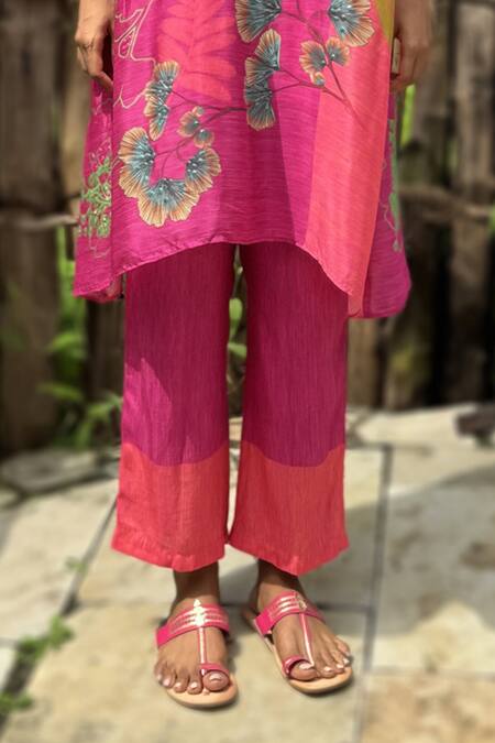 Buy_Basil Leaf_Pink Chinon, Chiffon, Linen, Silk Sequins Round Blossom Print Kurta And Pant Set _Online_at_Aza_Fashions
