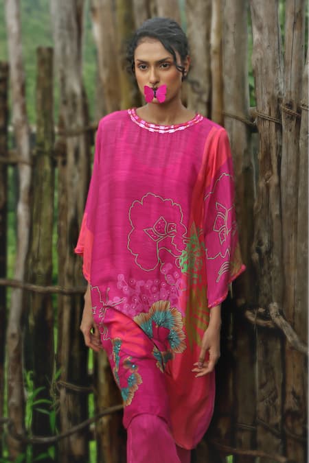 Shop_Basil Leaf_Pink Chinon, Chiffon, Linen, Silk Sequins Round Blossom Print Kurta And Pant Set _Online_at_Aza_Fashions