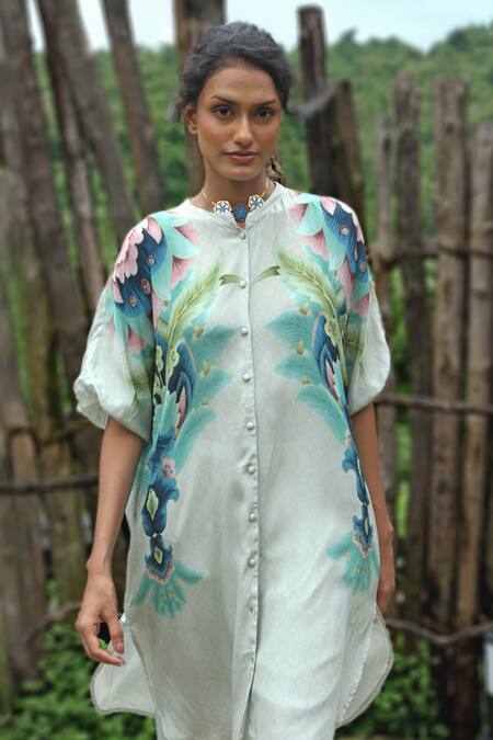 Shop_Basil Leaf_Gray Crepe Embroidery Mandarin Collar Tropical Print Kurta With Pant _Online_at_Aza_Fashions
