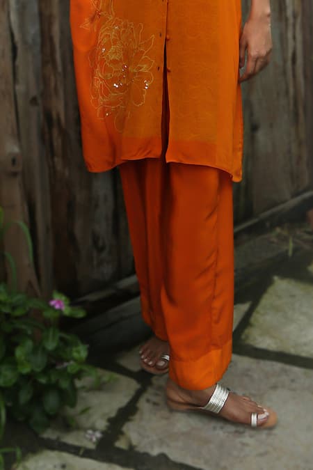 Basil Leaf_Orange Crepe Embroidery, Sequins V-neck, Button-down Printed Kurta And Pant Set _Online_at_Aza_Fashions