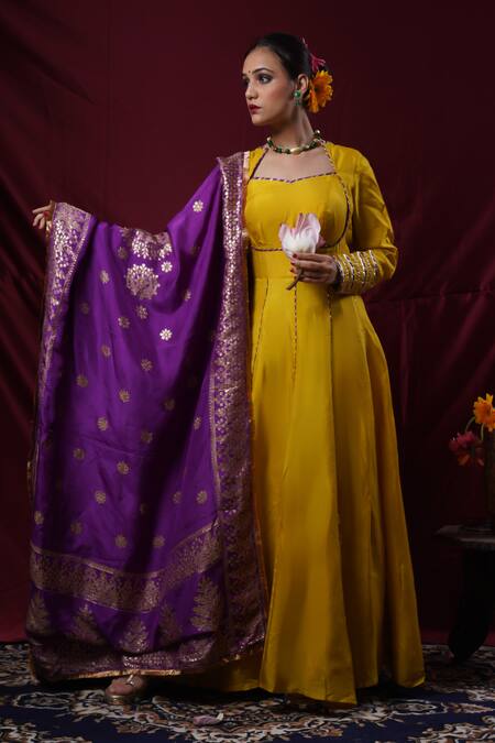 Saangi_Mustard Viscose, Silk Embroidery, Zari Square Neck Anarkali With Dupatta _Online_at_Aza_Fashions