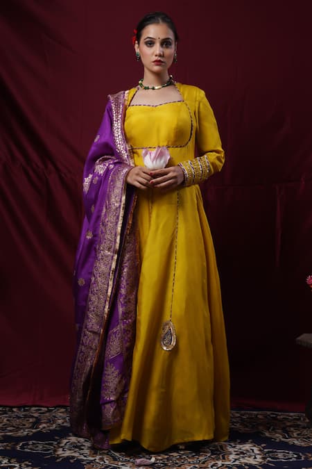 Buy_Saangi_Mustard Viscose, Silk Embroidery, Zari Square Neck Anarkali With Dupatta _Online_at_Aza_Fashions