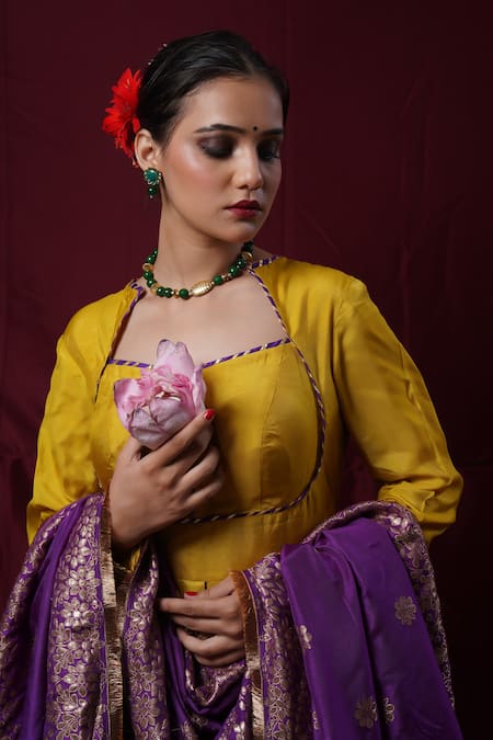 Shop_Saangi_Mustard Viscose, Silk Embroidery, Zari Square Neck Anarkali With Dupatta _Online_at_Aza_Fashions