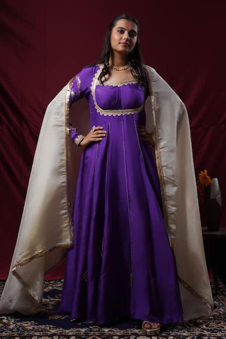 Saangi_Purple Viscose, Brocade, Silk Embroidery, Gota Patti, Zari Anarkali With Dupatta _Online_at_Aza_Fashions