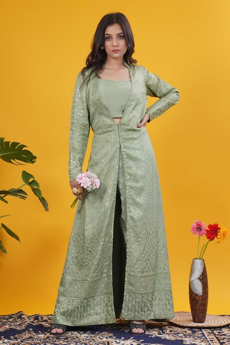 Saangi Olive Green Mirror Work Long Jacket Set 