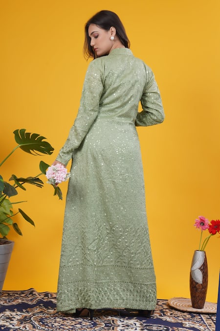 Saangi Olive Green Mirror Work Long Jacket Set 