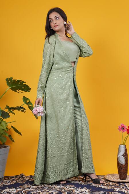 Saangi_Olive Green Silk Mirrors, Embroidery Sweetheart Neck, Open Work Long Jacket Set _Online_at_Aza_Fashions