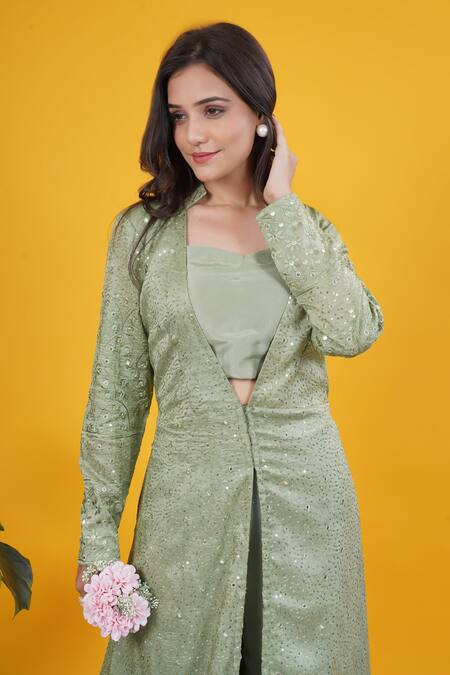 Shop_Saangi_Olive Green Silk Mirrors, Embroidery Sweetheart Neck, Open Work Long Jacket Set _Online_at_Aza_Fashions