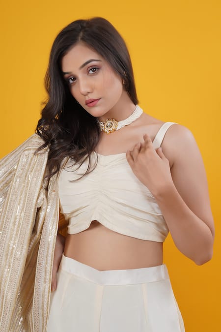 Saangi_Ivory Crepe Sequins Sweetheart , Open Gold Embellished Jacket Set _Online_at_Aza_Fashions