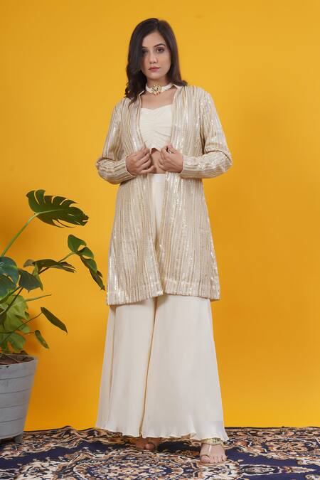 Buy_Saangi_Ivory Crepe Sequins Sweetheart , Open Gold Embellished Jacket Set _Online_at_Aza_Fashions