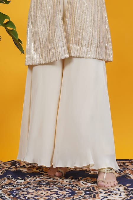 Shop Saangi Ivory Crepe Sequins Sweetheart , Open Gold Embellished Jacket Set Online at Aza Fashions Shop_Saangi_Ivory Crepe Sequins Sweetheart , Open Gold Embellished Jacket Set _Online_at_Aza_Fashions