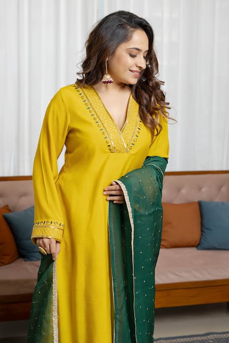Saangi_Green Organza, Chanderi Silk Gota Patti, Sunlit Mustard A-line Kurta Set _Online_at_Aza_Fashions