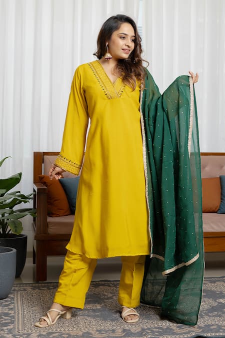 Saangi Sunlit Mustard Chanderi A-Line Kurta Set 