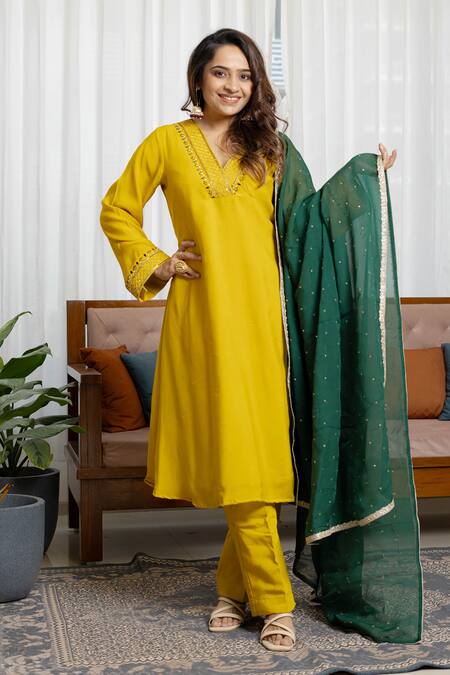 Shop_Saangi_Green Organza, Chanderi Silk Gota Patti, Sunlit Mustard A-line Kurta Set _Online_at_Aza_Fashions