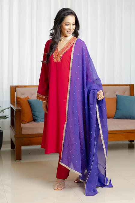 Buy_Saangi_Blue Organza, Chanderi Silk Sequins, Embroidery, Zari Magenta Pink Kurta Set _Online_at_Aza_Fashions