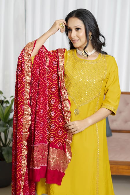 Saangi_Red Organza, Chanderi Silk Zari, Sequins, Embroidery Round Mustard Kurta Set _Online_at_Aza_Fashions
