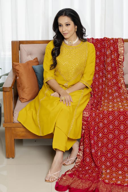 Shop_Saangi_Red Organza, Chanderi Silk Zari, Sequins, Embroidery Round Mustard Kurta Set _Online_at_Aza_Fashions