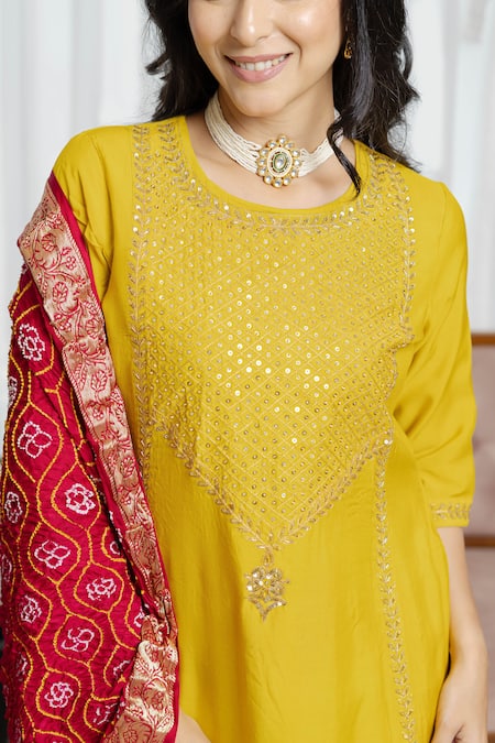 Saangi_Red Organza, Chanderi Silk Zari, Sequins, Embroidery Round Mustard Kurta Set _at_Aza_Fashions