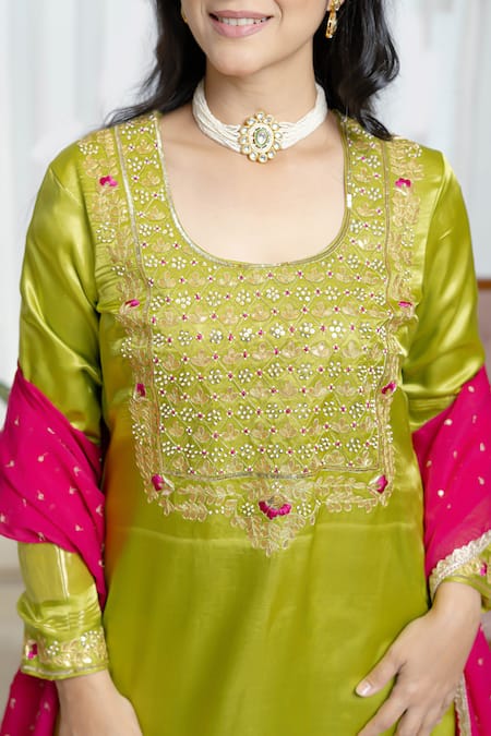 Saangi_Pink Organza, Chanderi Silk Foil Printing, Phoolvadi Lime Green Gajji Kurta Set _Online_at_Aza_Fashions