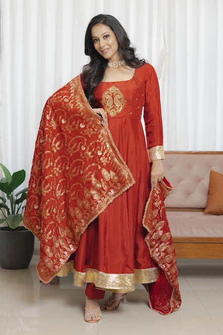 Saangi Rust Red Anarkali Ensemble Set 