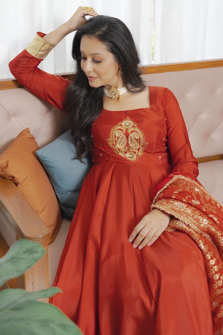 Saangi_Rust Silk, Brocade Embroidery, Sequins, Zari, Metallic Red Anarkali Ensemble Set _Online_at_Aza_Fashions