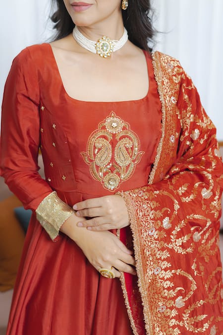 Shop_Saangi_Rust Silk, Brocade Embroidery, Sequins, Zari, Metallic Red Anarkali Ensemble Set _Online_at_Aza_Fashions