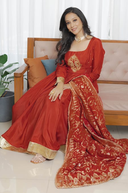 Saangi_Rust Silk, Brocade Embroidery, Sequins, Zari, Metallic Red Anarkali Ensemble Set _at_Aza_Fashions