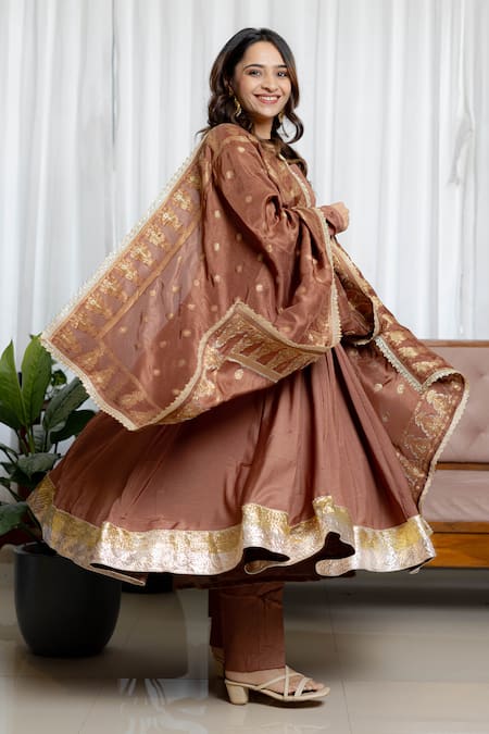 Saangi_Brown Silk, Brocade Sequins, Lace, Zari Round Neck Dusky Anarkali Set _Online_at_Aza_Fashions