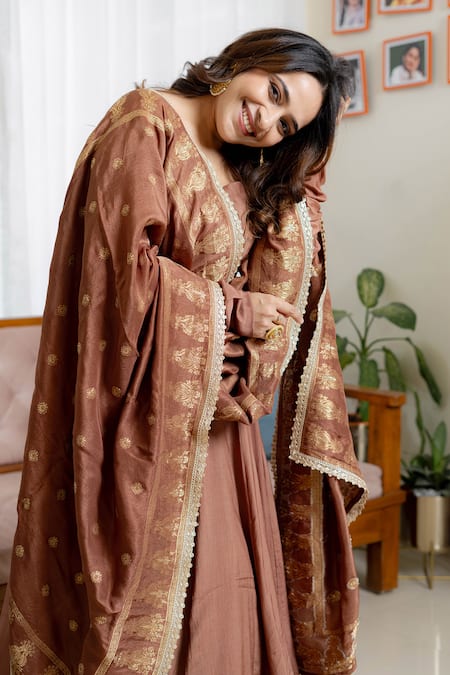 Buy_Saangi_Brown Silk, Brocade Sequins, Lace, Zari Round Neck Dusky Anarkali Set _Online_at_Aza_Fashions