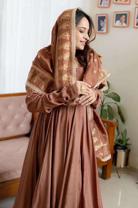 Shop_Saangi_Brown Silk, Brocade Sequins, Lace, Zari Round Neck Dusky Anarkali Set _Online_at_Aza_Fashions