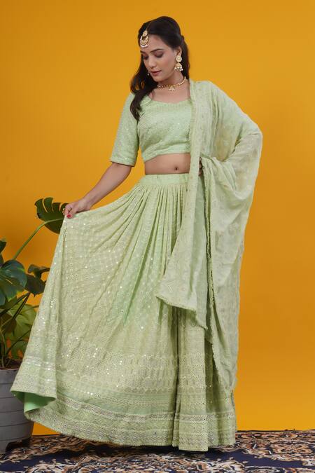 Saangi_Green Georgette Embroidery, Sequins Scoop Pastel Sage Chikankari Lehenga Set _Online_at_Aza_Fashions