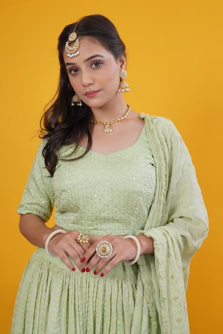 Buy_Saangi_Green Georgette Embroidery, Sequins Scoop Pastel Sage Chikankari Lehenga Set _Online_at_Aza_Fashions