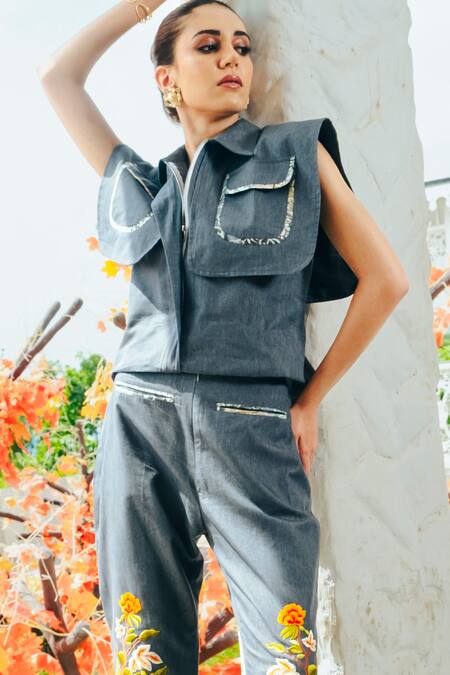 Buy_Shagun Nagi The Label_Gray Denim, Cotton Embroidery Collared Flap Pocket Shirt With Printed Pant _Online_at_Aza_Fashions