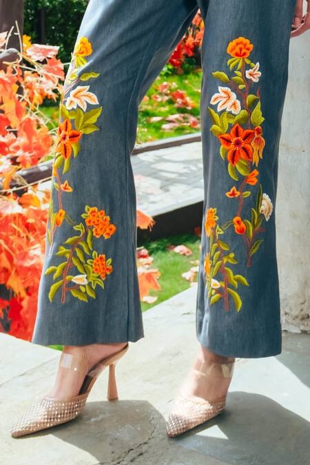 Shop_Shagun Nagi The Label_Gray Denim, Cotton Embroidery Collared Flap Pocket Shirt With Printed Pant _Online_at_Aza_Fashions