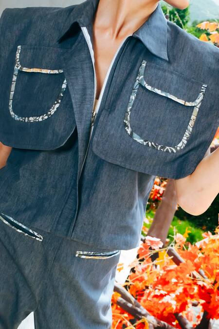 Shagun Nagi The Label_Gray Denim, Cotton Embroidery Collared Flap Pocket Shirt With Printed Pant _at_Aza_Fashions